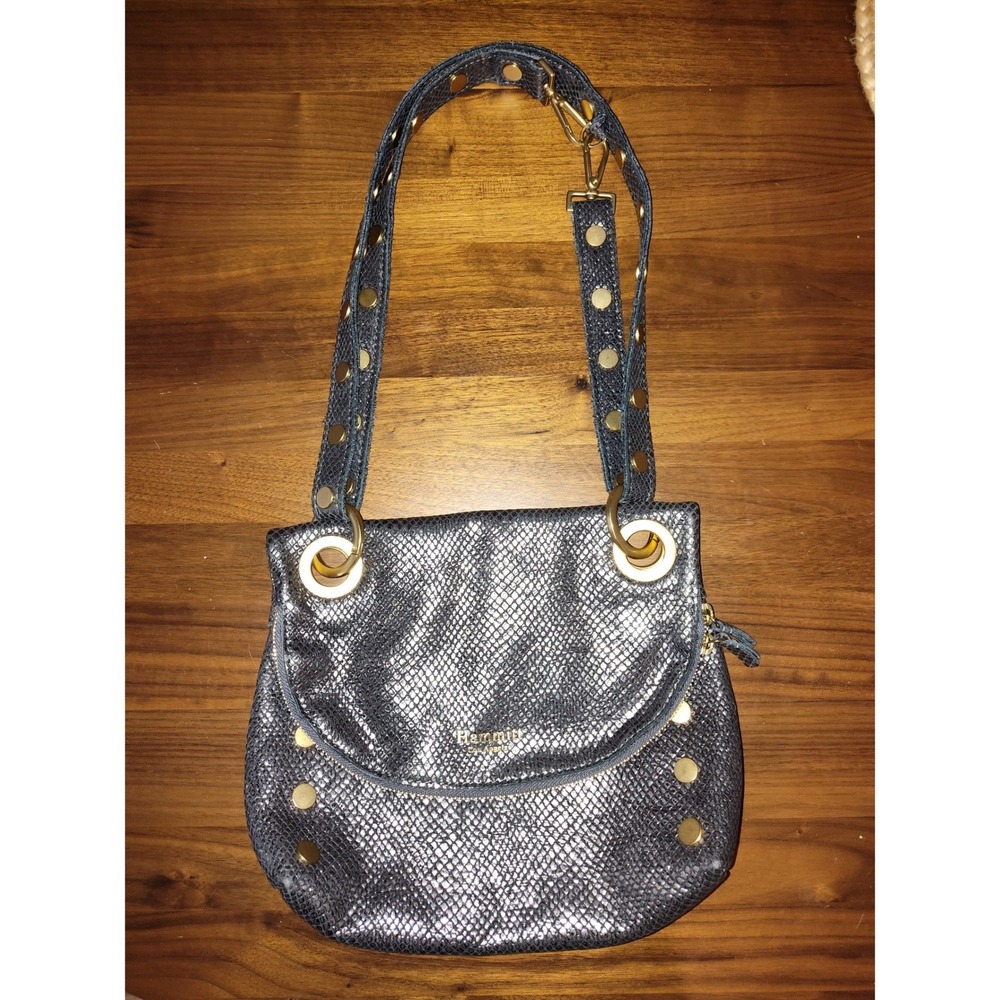 Hammitt VIP Medium Crossbody Bag Metallic Pewter Snakeskin Gold Rivet Leather